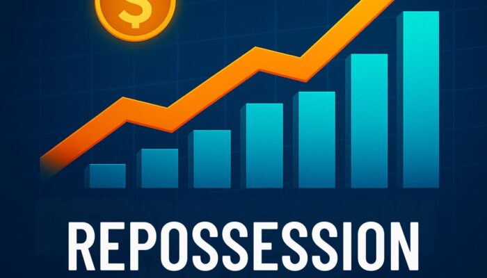 Square graphic on a dark blue gradient background featuring a turquoise 3D bar chart rising from left to right, topped by an orange upward-pointing arrow. A glowing gold dollar-sign icon appears above the chart. Below, bold white text reads ‘REPOSSESSION VOLUME’ with ‘SERVICING SOLUTIONS’ underneath in smaller font.
